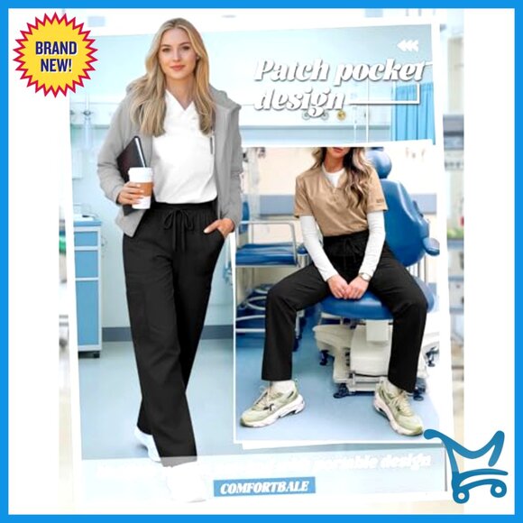 Women's Straight Leg Scrub Pants 2 Pack Lightweight Mid Rise 4 Pockets - Picture 4 of 7